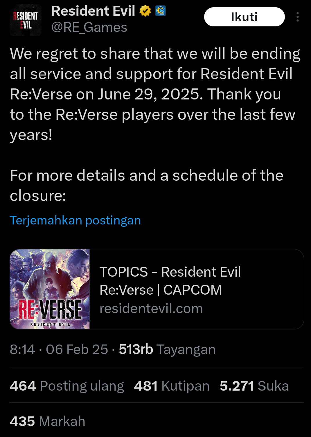 With a heavy heart, we announce that we will be ending all services and support for Resident Evil Re:Verse on June 29, 2025. Thank you to the Re:Verse players over the past few years!