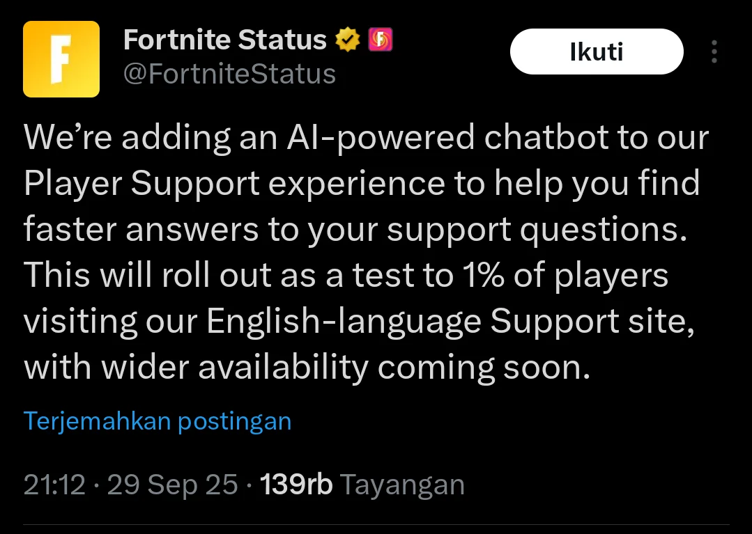 Fortnite Trials AI Chatbot in Player Support Service
