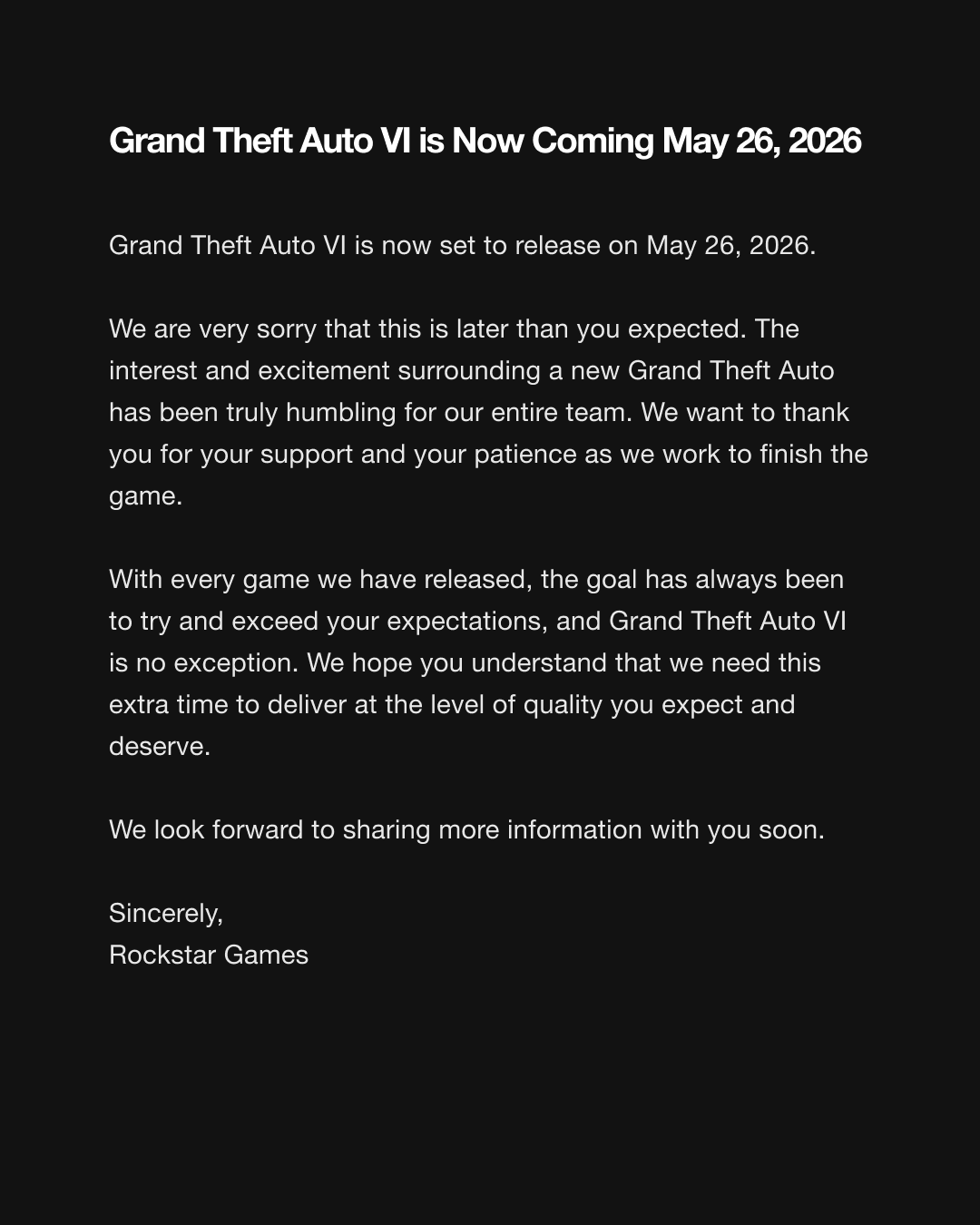 Currently, GTA VI is set to be released on May 26, 2026.