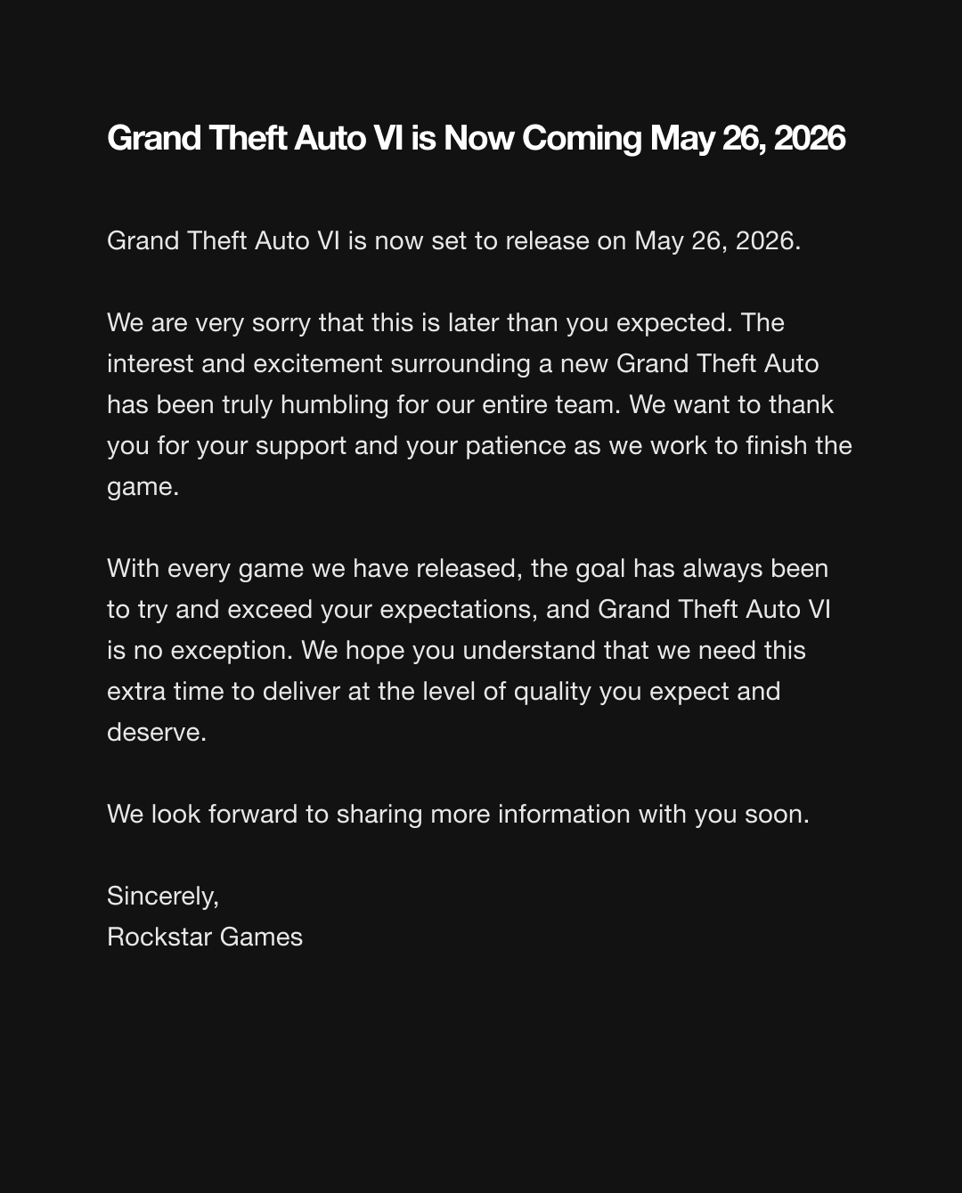 Currently, GTA VI is set to be released on May 26, 2026.