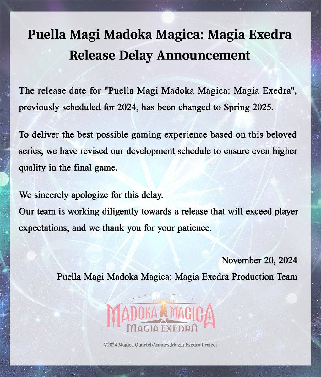 Madoka Magica: Magia Exedra, which was previously scheduled for 2024, has been changed to Spring 2025.