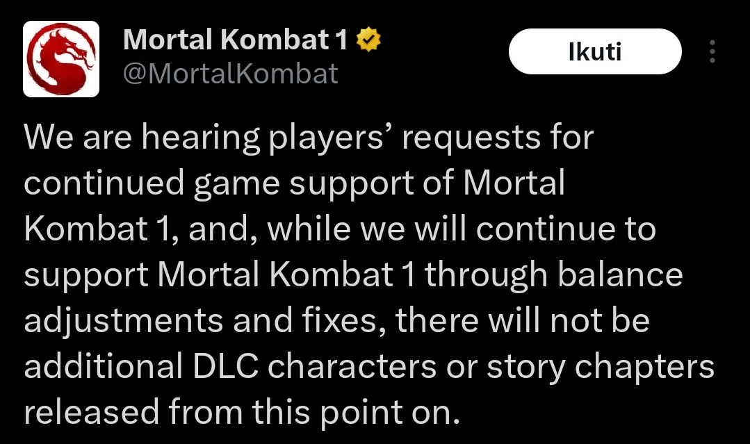 NetherRealm Studio officially announces the cessation of new content creation for the game, including new story and DLC in the future.