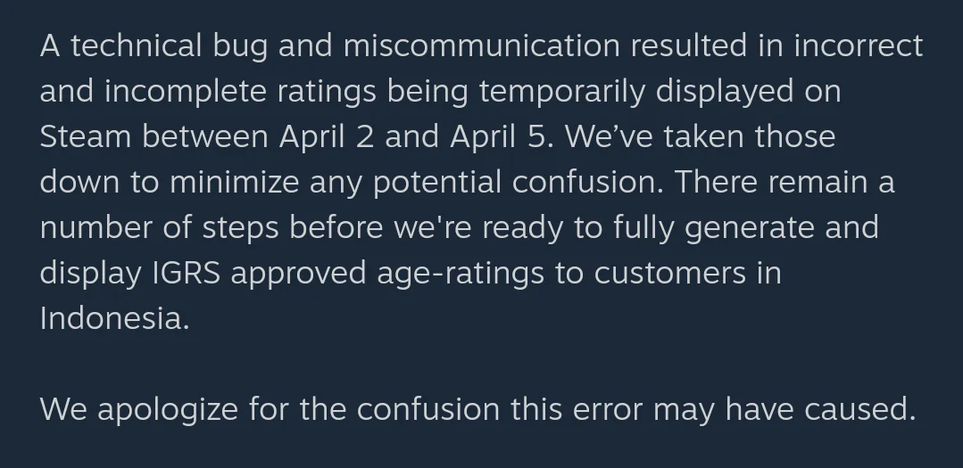 Valve Apologizes Regarding the Chaos of IGRS Rating Labels on Steam