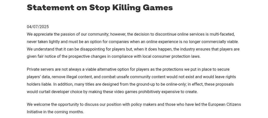 Stop Killing Gamesに関する声明。