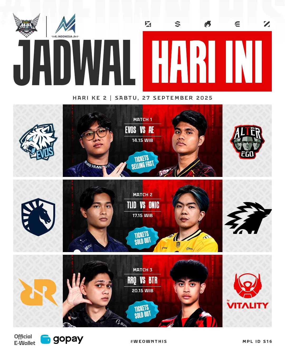 Jadwal MPL S16 Hari Ini Sabtu 27 September 2025: Evos vs Alter Ego, Onic vs Team Liquid, RRQ vs Bigetron