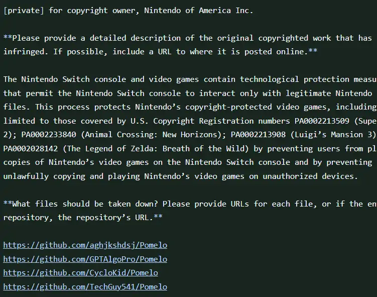 Nintendo mulai melakukan DMCA takedown ke beberapa repo Pomelo.