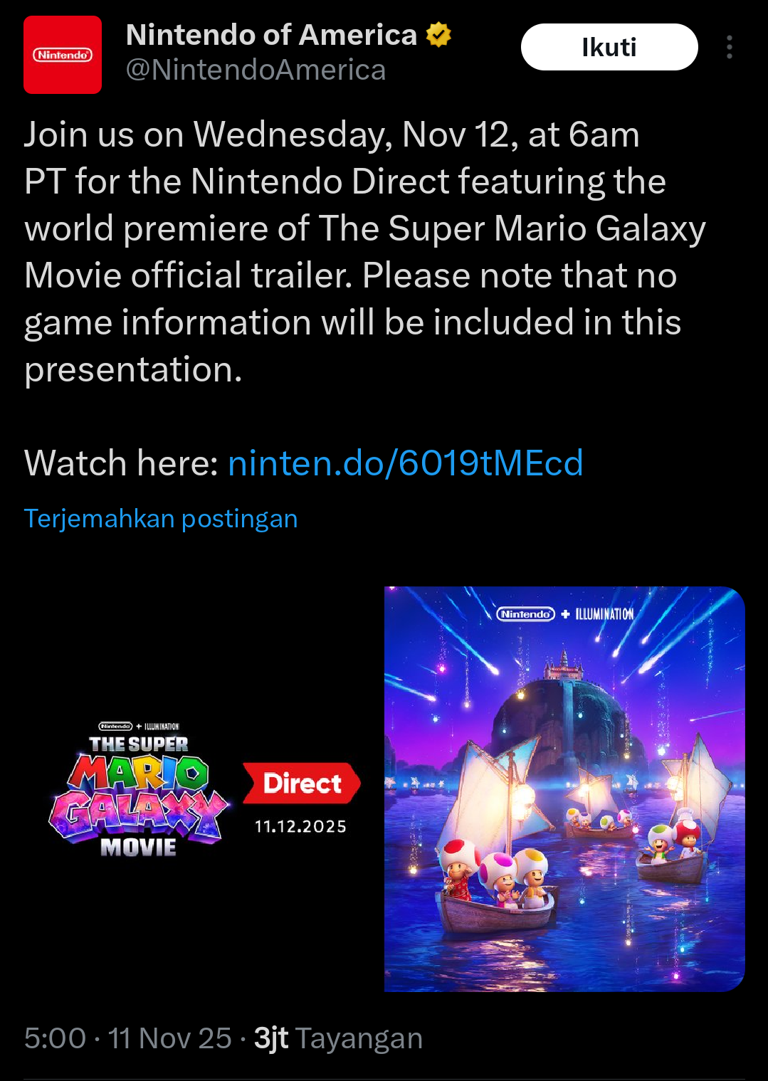 Nintendo mengumumkan akan menggelar sebuah Nintendo Direct khusus yang berfokus pada film The Super Mario Galaxy.