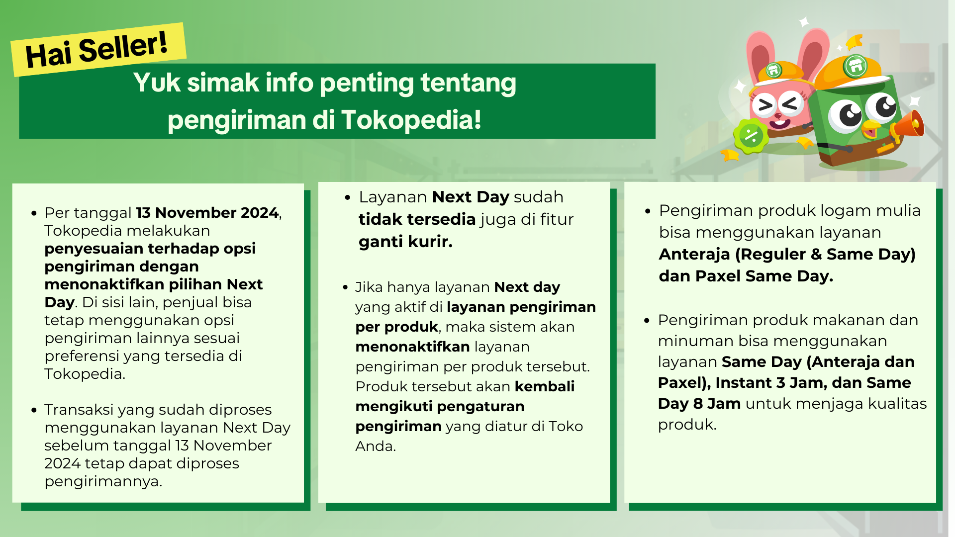 melakukan penyesuaian pada opsi pengiriman dengan menonaktifkan layanan next day