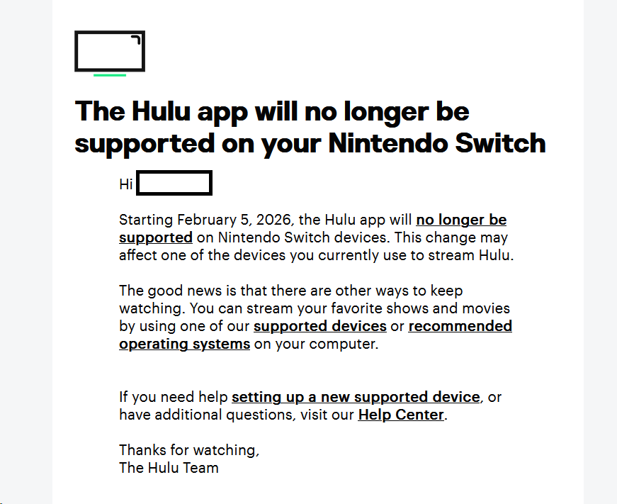 Nintendo 確認 Hulu 應用程式將在 Nintendo Switch 上停止服務。支援將於 2026 年 2 月結束,應用程式將無法再使用。
